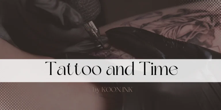 Tattoo artist James working on a detailed tattoo with the words "Tattoo and Time" overlaid.