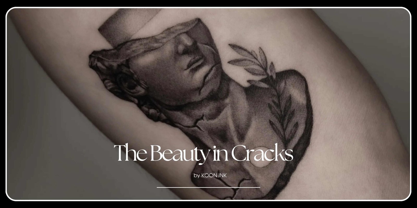 Realistic tattoo of a broken classical bust with cracks and olive branch symbolising resilience.