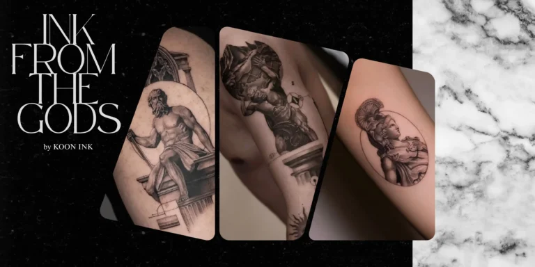 Greek mythology tattoos featuring Poseidon, Atlas, and Athena in realistic black-and grey style